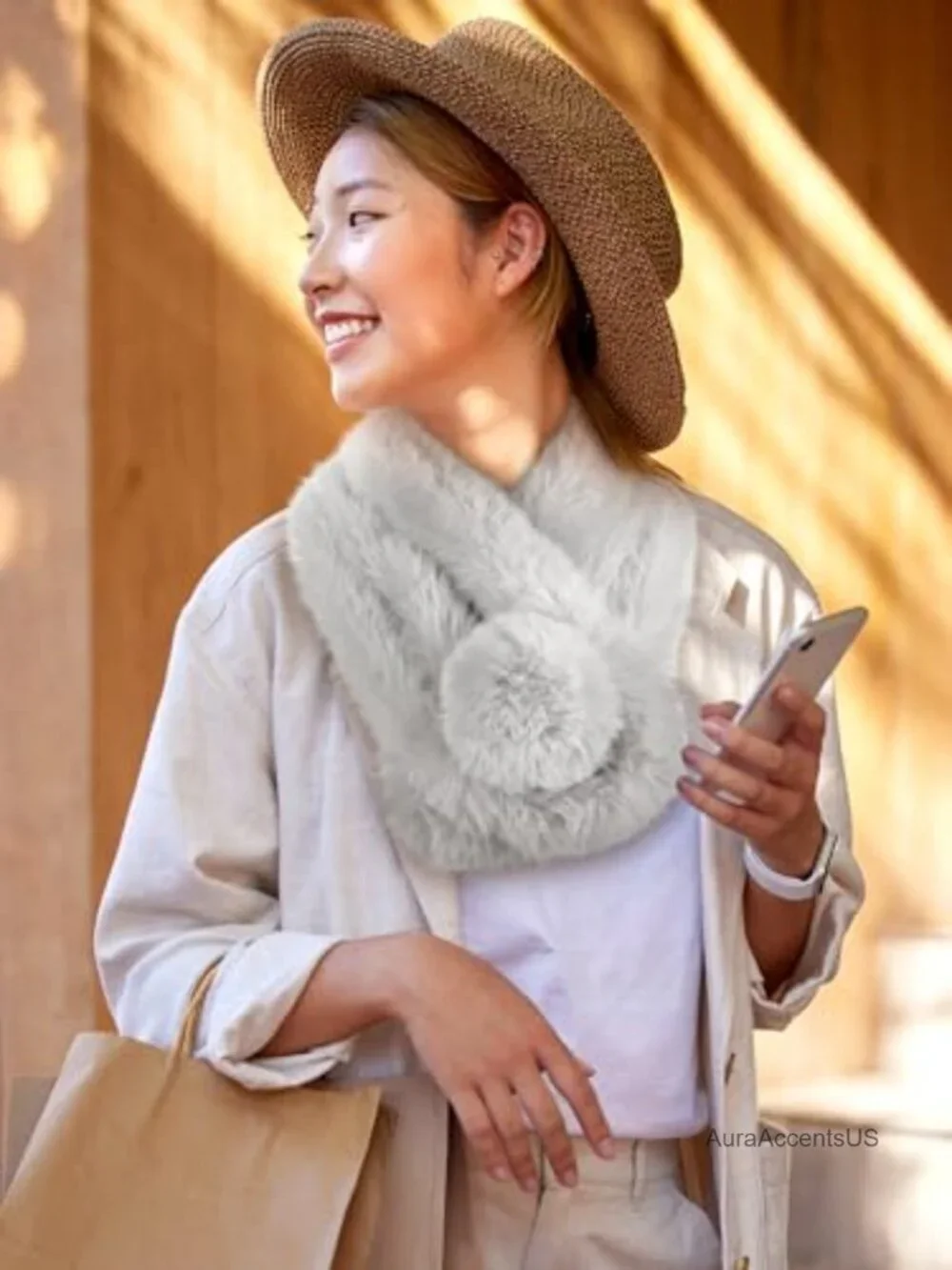 Faux Fur Scarf Neck Wrap Winter Furry Shawl Two Pack with Pom